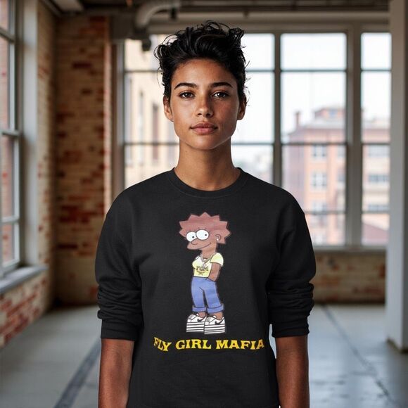 Lisa Simpson Fly Girl Mafia Support Black Women Black Sweatshirt Size L Unisex - Picture 1 of 6